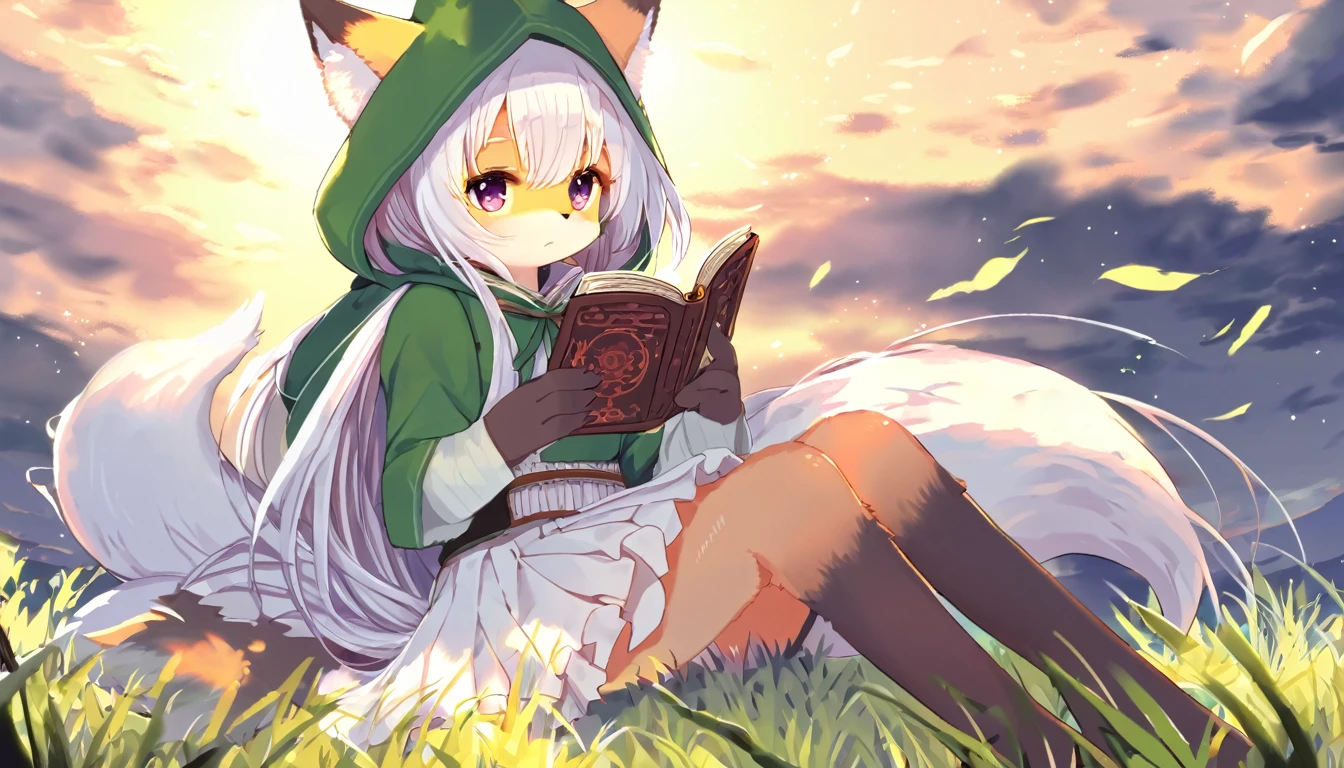 1girl, kemono, fox, furry, straight long white hair, green hood, white skirt, animal hand, reading grimoire, sitting in the grassland, wind swept hair, twilight, looking at viewer