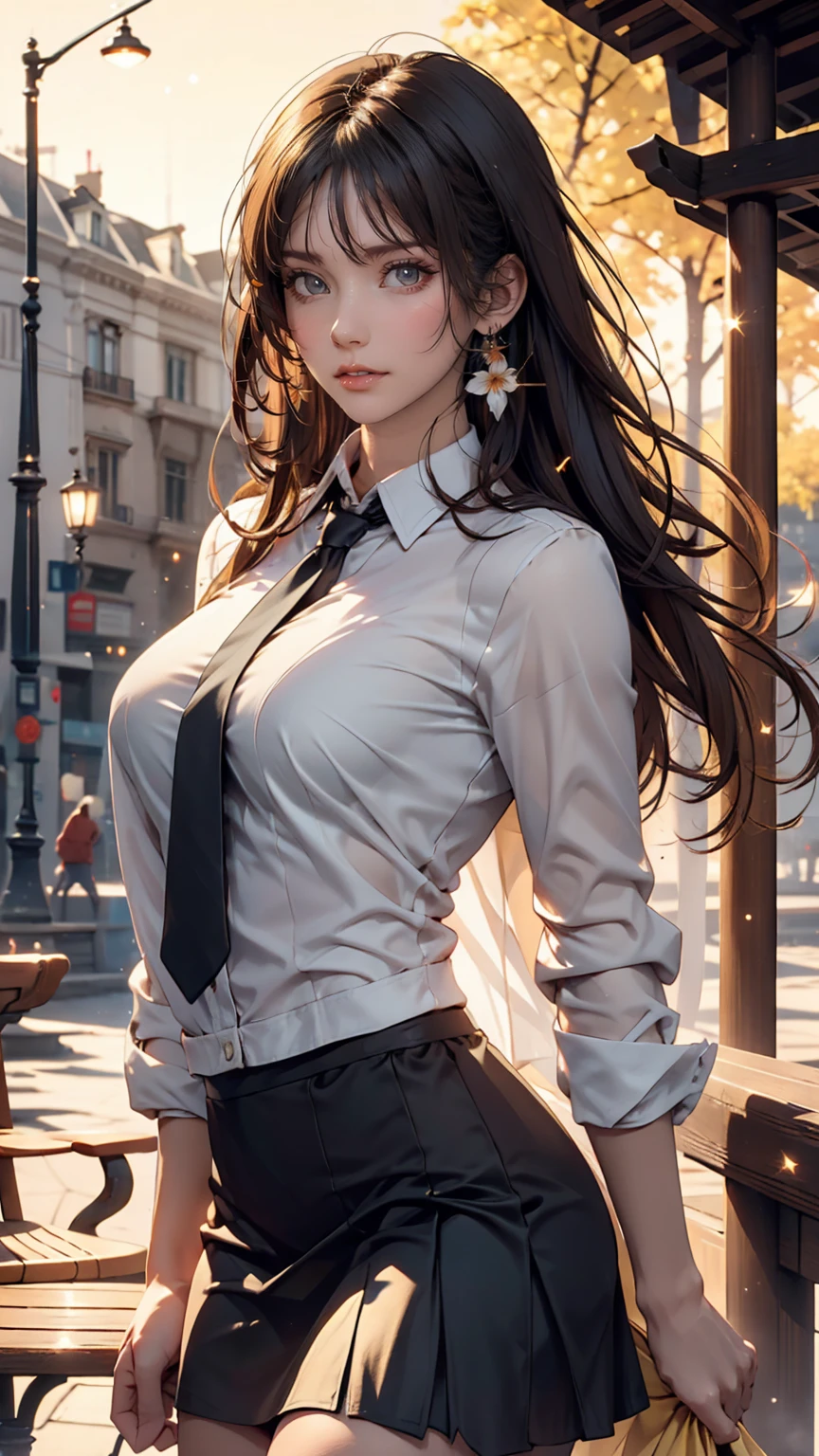 One girl, Exquisite detail, masterpiece, Highest quality, Very detailed,Cinema Lighting, Beautiful sparkle, Beautifully detailed face and eyes, 8K, Dark intense shadows, Yellow Eyes, Medium Hair, Black Hair, bangs, Floating Hair, Black jacket, Open jacket, White shirt, Expressionless, Yellow tie, Black Skirt, Spotlight, sunlight, sunrise, Gradient Sky, city, Lens flare, Cowboy Shot, [[Curvy]], [Mature Woman]