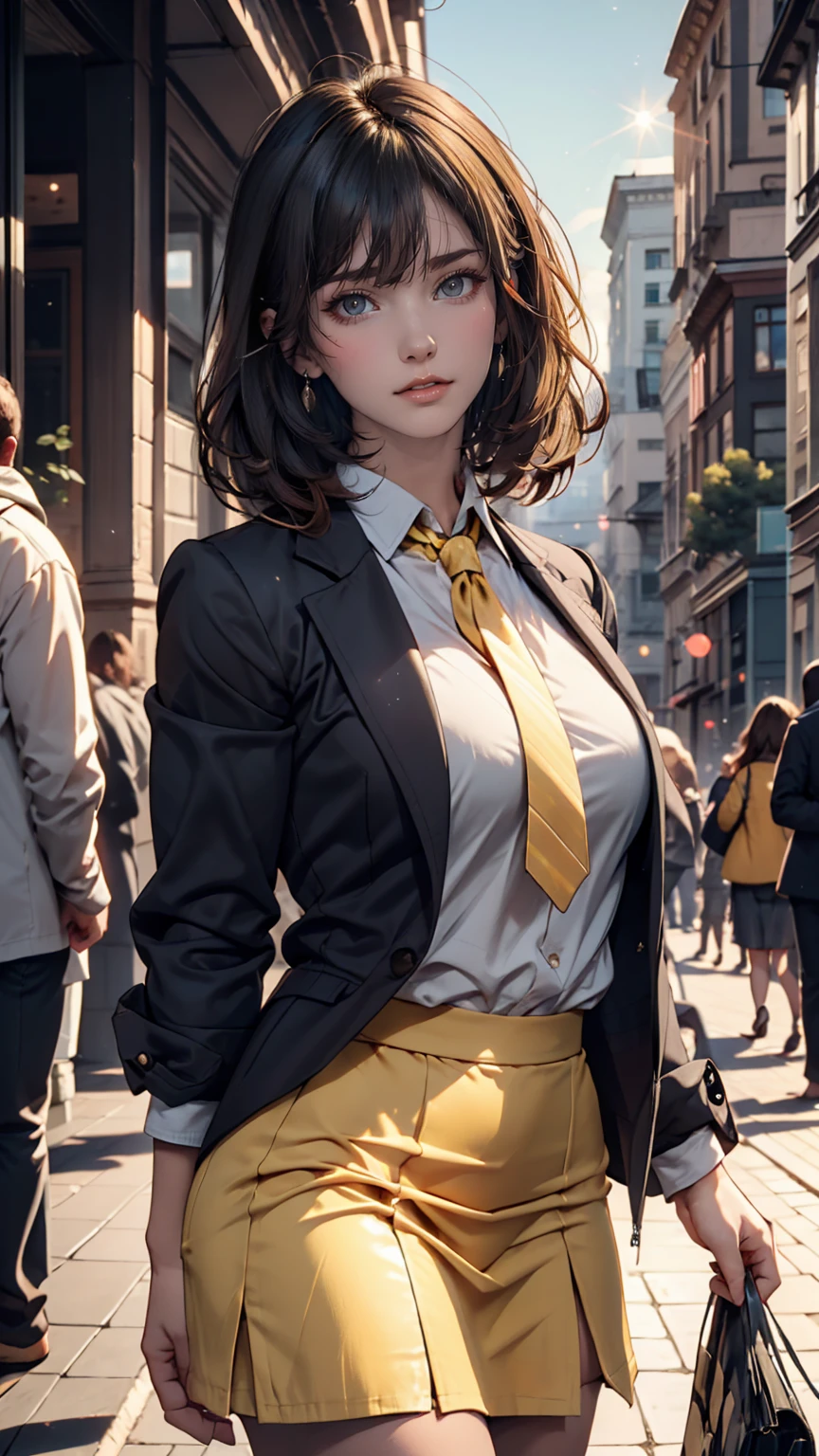 One girl, Exquisite detail, masterpiece, Highest quality, Very detailed,Cinema Lighting, Beautiful sparkle, Beautifully detailed face and eyes, 8K, Dark intense shadows, Yellow Eyes, Medium Hair, Black Hair, bangs, Floating Hair, Black jacket, Open jacket, White shirt, Expressionless, Yellow tie, Black Skirt, Spotlight, sunlight, sunrise, Gradient Sky, city, Lens flare, Cowboy Shot, [[Curvy]], [Mature Woman]