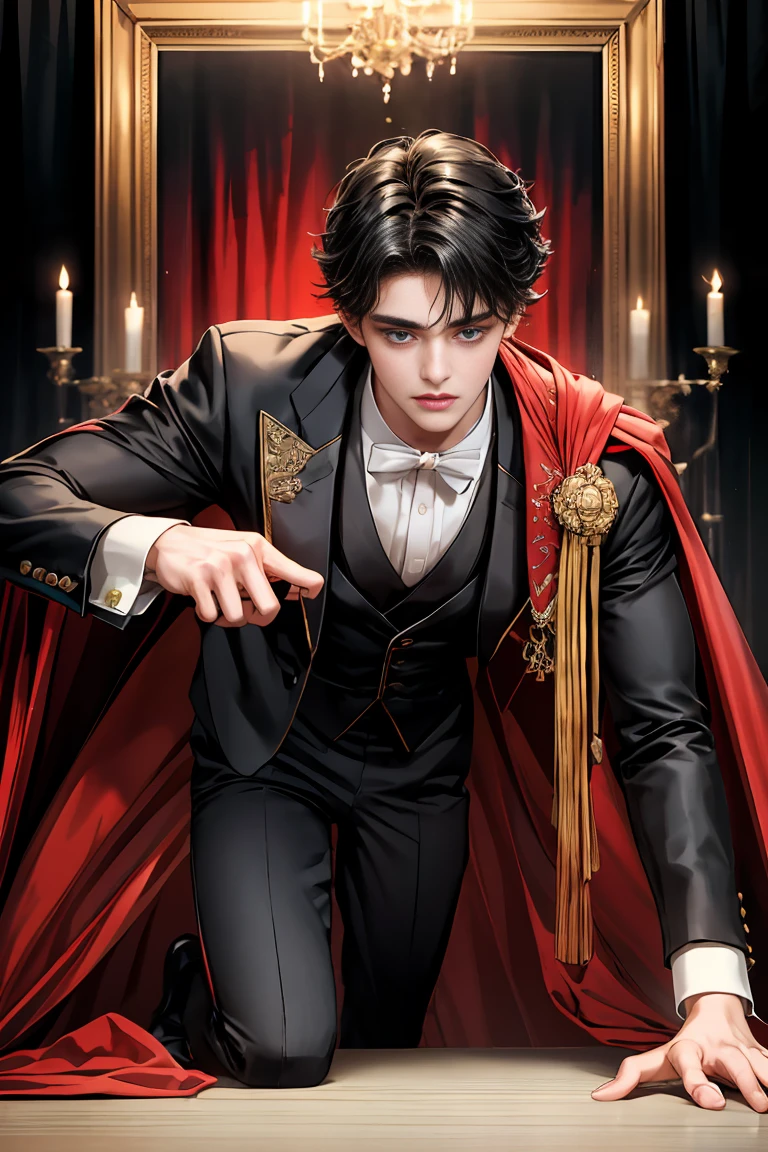 
masterpiece, 最high quality, high quality, 1 boy, alone, Male focus, Watching the audience,  Messy black hair, Adorable big blue eyes, White people, Noble, Noble,Sexy voluminous black and red cape、Tuxedo、A very voluminous, large, very large, very large, long, long red and black cape with a high stand-up collar, reaching down to the floor, made of a lot of fabric., ,Cute beautiful boys,Cute, cute, kind, handsome guy