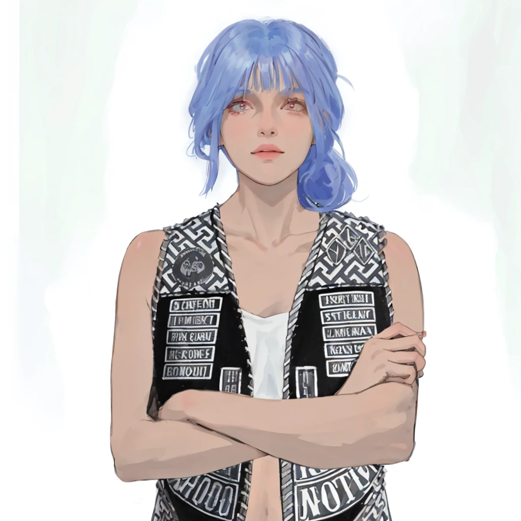 (masterpiece:1.2, best quality), (1girl, solo, upper body:1.2),flat face,Hair: buzz cut,Clothing: oversized, distressed denim jacket with patches and pins, paired with black skinny jeans and combat boots, Hanging out in an underground music venue or street art exhibit