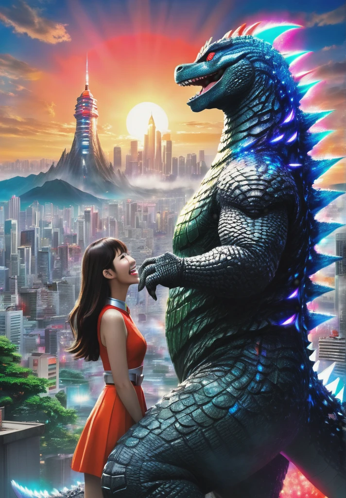 A godzilla holding a beautiful ultraman woman with a beautiful face, from behind while laugh in front of the city, bright and colorful light