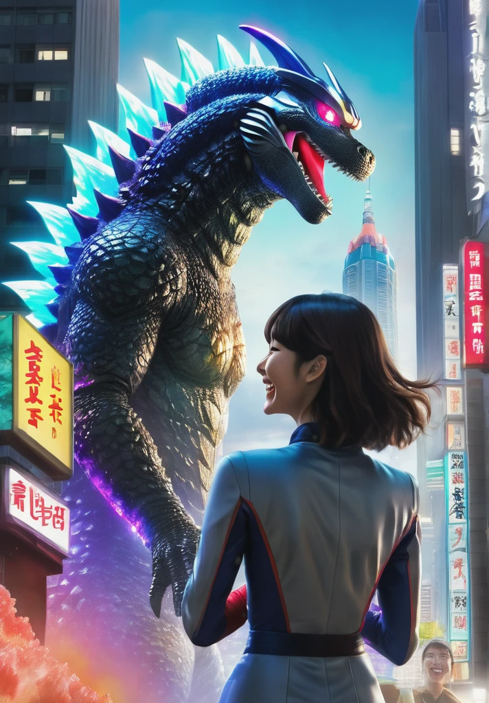 A godzilla holding a beautiful ultraman woman with a beautiful face, from behind while laugh in front of the city, bright and colorful light