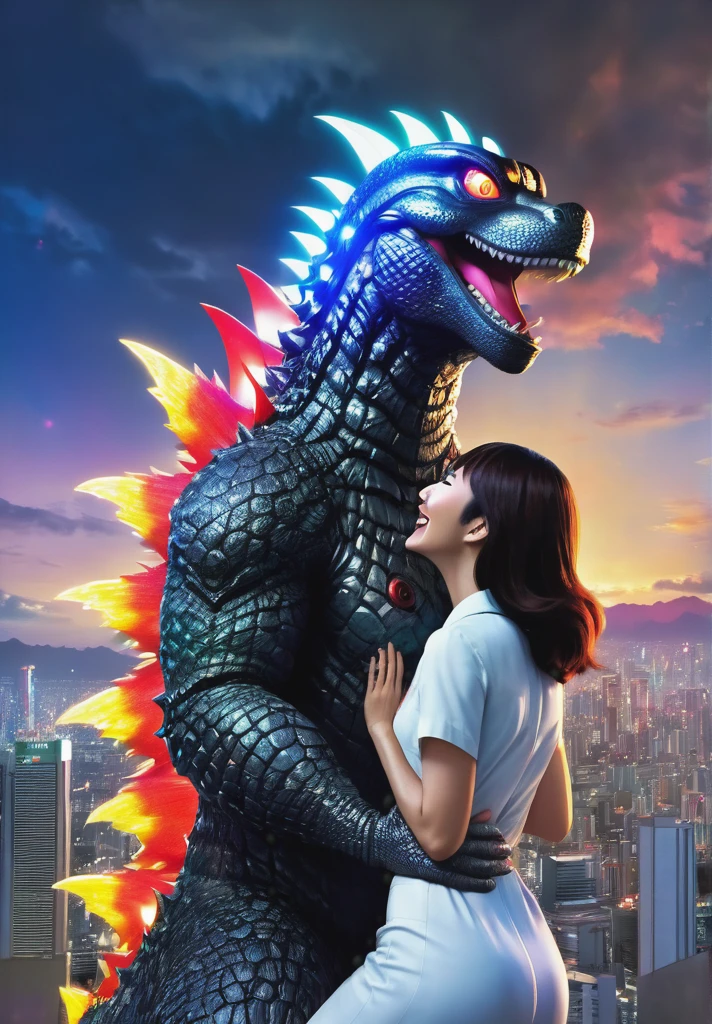 A godzilla holding a beautiful ultraman woman with a beautiful face, from behind while laugh in front of the city, bright and colorful light