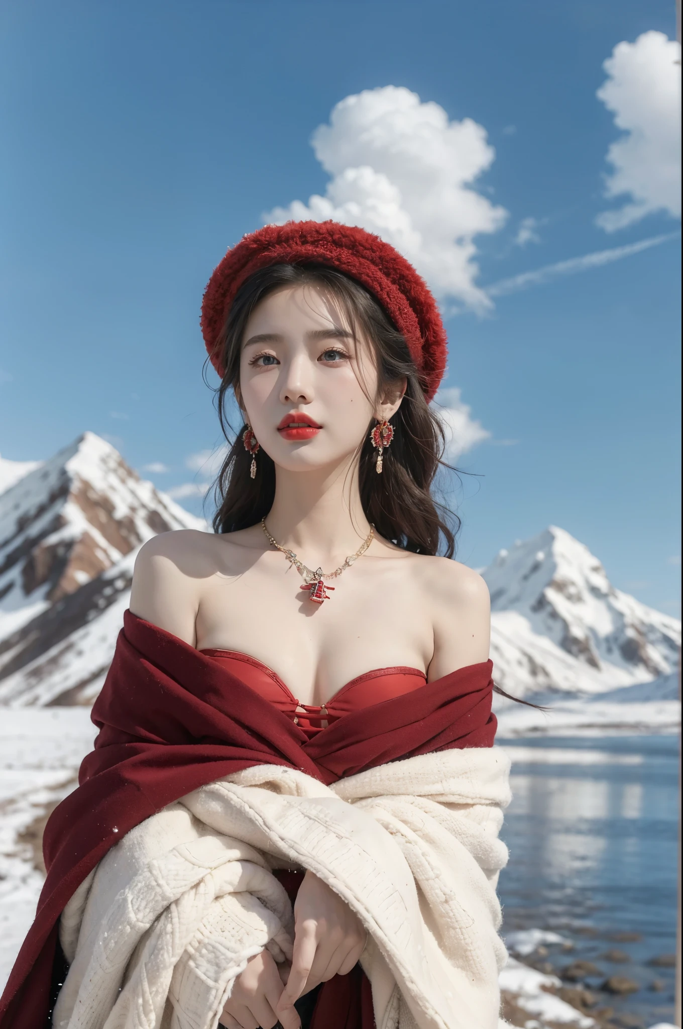 (masterpiece, best quality:1.2),strapless red bra,1 Tibetan girl, blue sky, cloud, cloudy sky, day, earrings,Plush hat, horizon,Tibetan Earrings,jewelry,necklace, lips,snow mountain, outdoors, parted lips, red lips, solo,flat chest,close-up of face