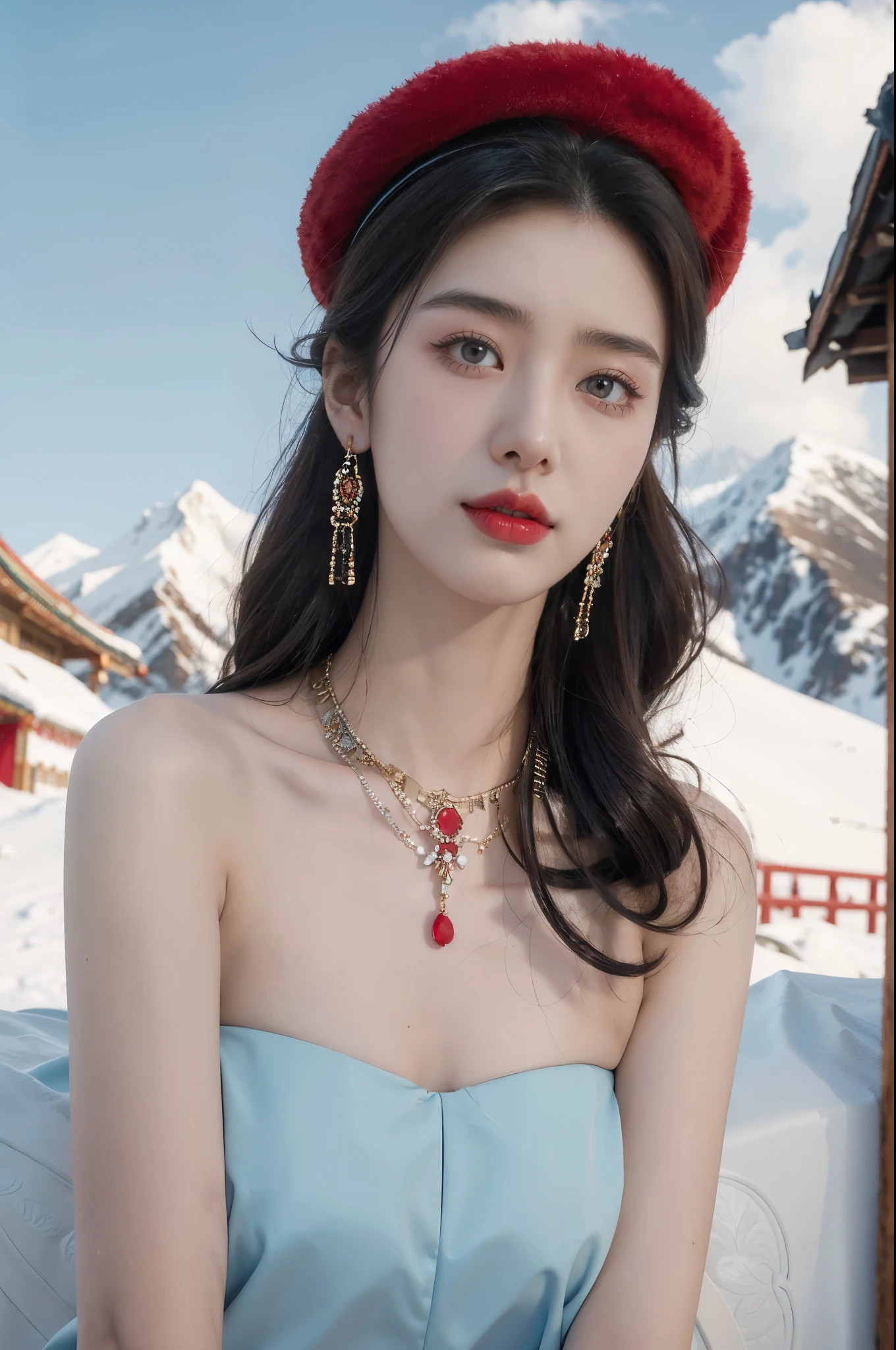 (masterpiece, best quality:1.2),strapless red bra,1 Tibetan girl, blue sky, cloud, cloudy sky, day, earrings,Plush hat, horizon,Tibetan Earrings,jewelry,necklace, lips,snow mountain, outdoors, parted lips, red lips, solo,flat chest,close-up of face