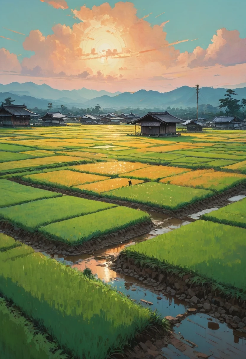 Paddy field, Alena Aenami, Highest quality, masterpiece, Representative works, Official Art, Professional, Super intricate details, 8K