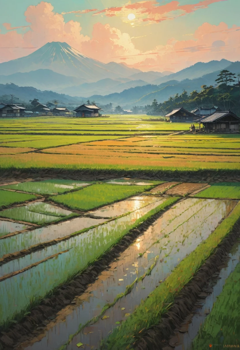 Paddy field, Alena Aenami, Highest quality, masterpiece, Representative works, Official Art, Professional, Super intricate details, 8K
