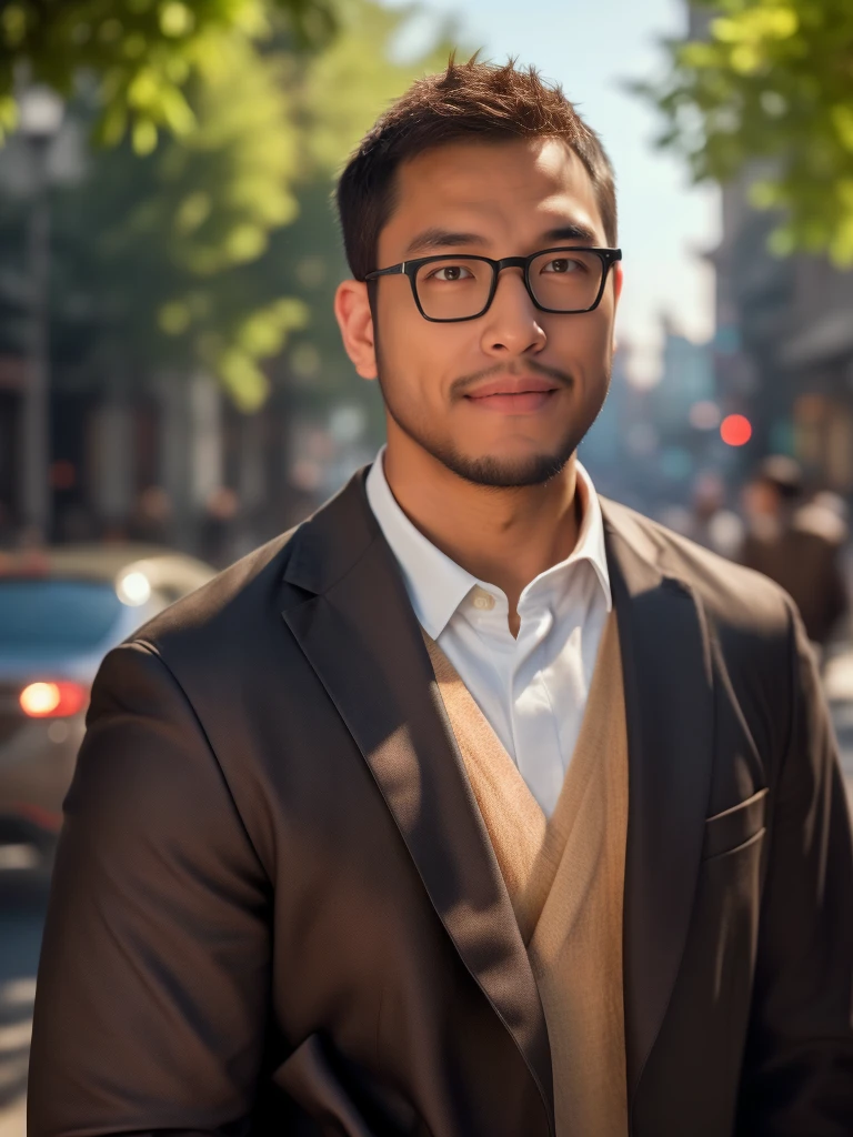 An award-winning original photo，a handsome 38-year-old man, crew cut, (((full body))), (((landscape))), mature man, [slightly fat], asian man, brown eyes, rounded face, glasses, slightly balding, 1boy, Solo, (big shoulders), (((stubbles, Short beard))), (((full beard))), (Beautiful eyes:1.3), (Detailed face:1.3), wearing glasses, Dynamic Angle, volumetric lighting, (Best quality, A high resolution, Photorealistic), Cinematic lighting, Masterpiece, RAW photo, Intricate details, (extremely detailed 8k wallpaper), masterpiece 16k photo, (8k, RAW photo, best quality, masterpiece: 1.2), (realistic, photorealistic: 1.37), Realistic, ((Masterpiece)), ((Best quality)), (Detailed), Cinematic, Dynamic lighting, soft shade, Detailed background, Professional photography, Depth of field, Intricate, Detailed face, Subsurface scattering, photo-realistic hair, Realistic eyes, masterpiece, best quality, 1boy, suit, inside of a luxury car, driving, driving in the street,