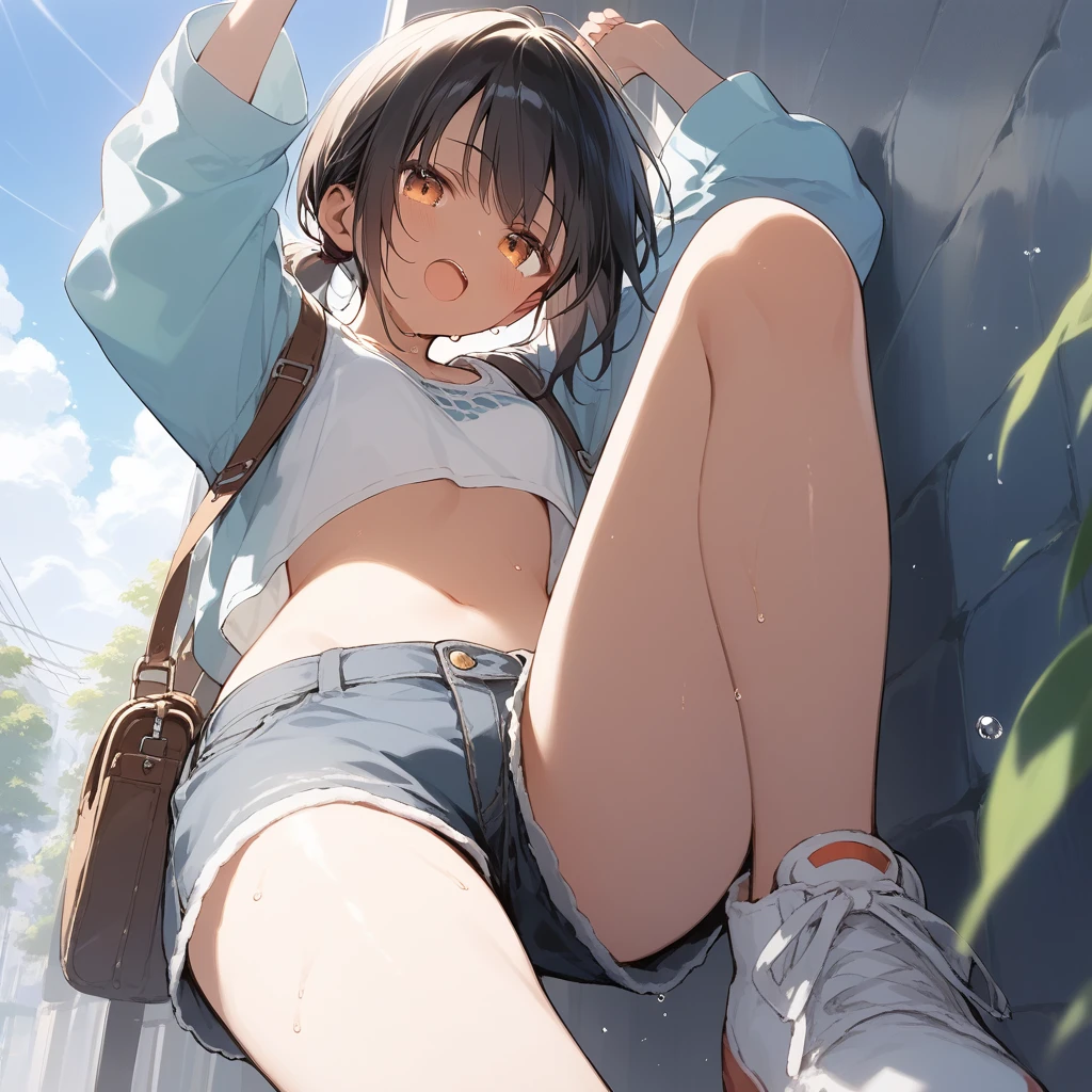 score_9, score_8_up, score_7_up, source_anime, best quality, masterpiece, official art, absurdres, highres, ultra-detailed,waifu2x,Collection: Slice of Life,break,1girl, tomboy, dark-skinned female, short hair, low ponytail, small breasts, beautiful detailed eyes, short shorts, sweat, open mouth, (yawn:0.3), sleepily, outdoors, wind, break,(clear line illustration:1.2),very high resolution, very aesthetic, super detailed skin, Best sexual lighting powered by famous artist, 8k,cute picture,beauty illustration,photoshop_(medium),,(Detailed Lighting),best anime 8k konachan wallpaper, pixiv contest winner,