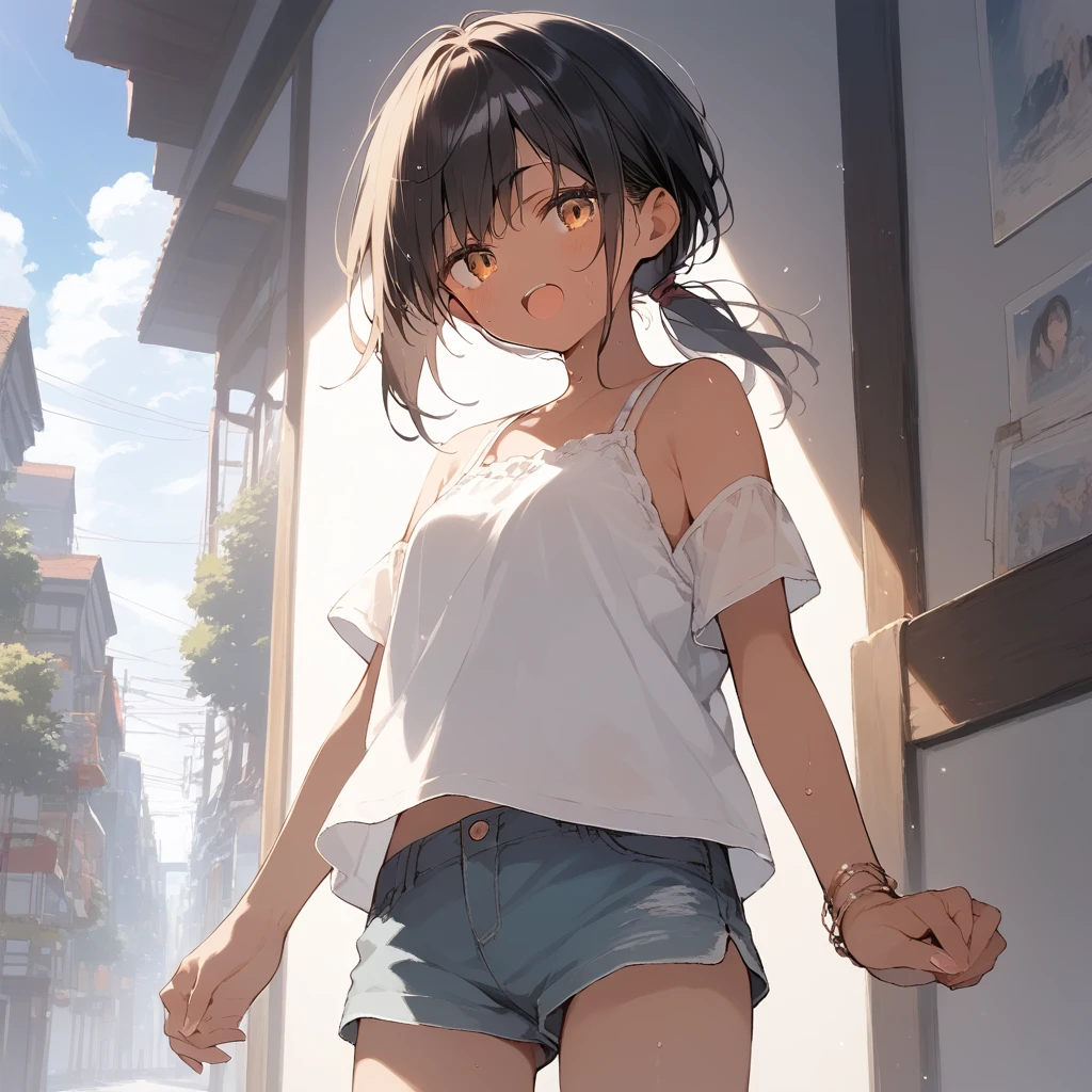 score_9, score_8_up, score_7_up, source_anime, best quality, masterpiece, official art, absurdres, highres, ultra-detailed,waifu2x,Collection: Slice of Life,break,1girl, tomboy, dark-skinned female, short hair, low ponytail, small breasts,  beautiful detailed eyes, short shorts, sweat, open mouth, (yawn:0.3), sleepily, outdoors, wind, break,(clear line illustration:1.2),very high resolution, very aesthetic, super detailed skin, Best sexual lighting powered by famous artist, 8k,cute picture,beauty illustration,photoshop_(medium),,(Detailed Lighting),best anime 8k konachan wallpaper, pixiv contest winner, 