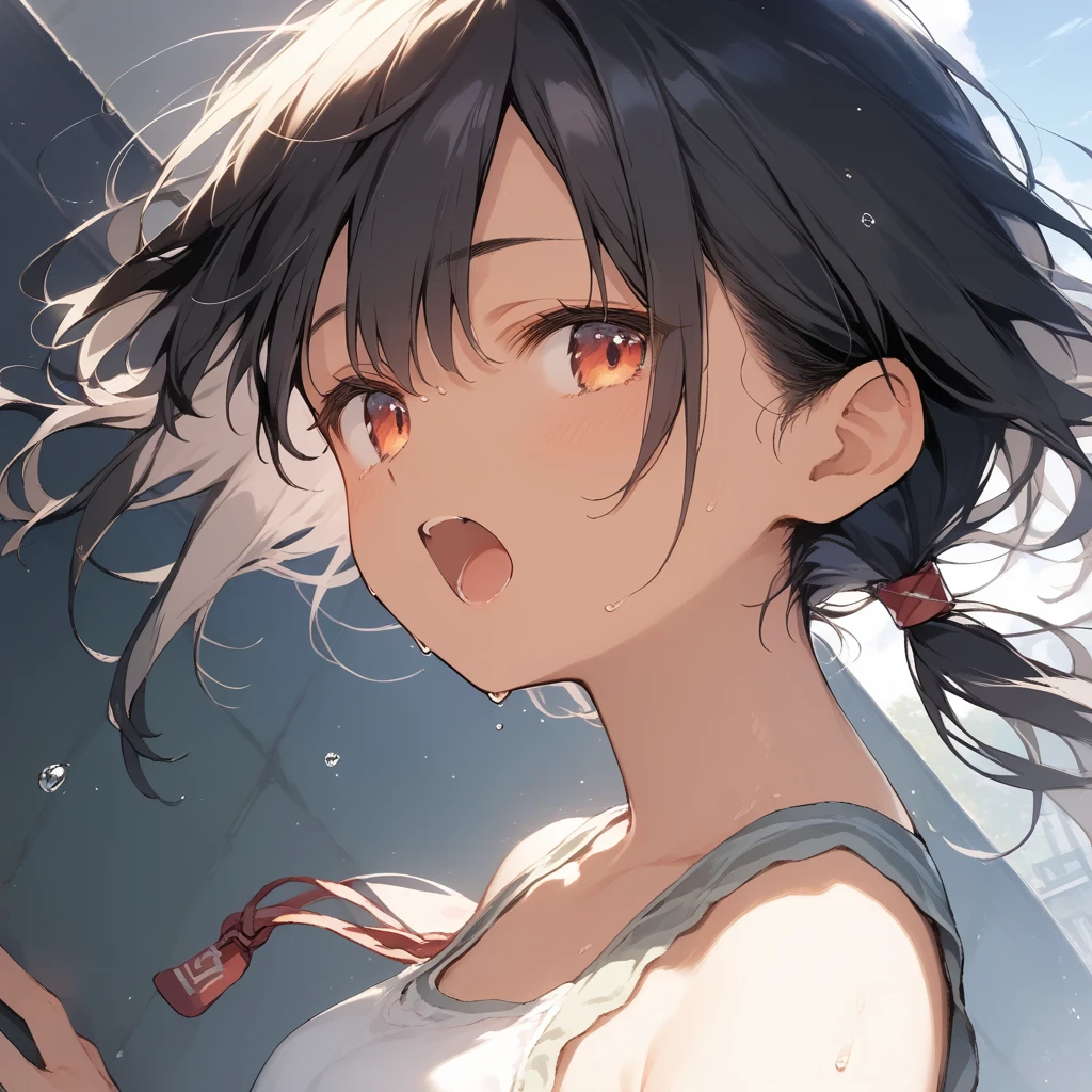 score_9, score_8_up, score_7_up, source_anime, best quality, masterpiece, official art, absurdres, highres, ultra-detailed,waifu2x,Collection: Slice of Life,break,1girl, tomboy, dark-skinned female, short hair, low ponytail, small breasts, beautiful detailed eyes, short shorts, sweat, open mouth, (yawn:0.3), sleepily, outdoors, wind, break,(clear line illustration:1.2),very high resolution, very aesthetic, super detailed skin, Best sexual lighting powered by famous artist, 8k,cute picture,beauty illustration,photoshop_(medium),,(Detailed Lighting),best anime 8k konachan wallpaper, pixiv contest winner,