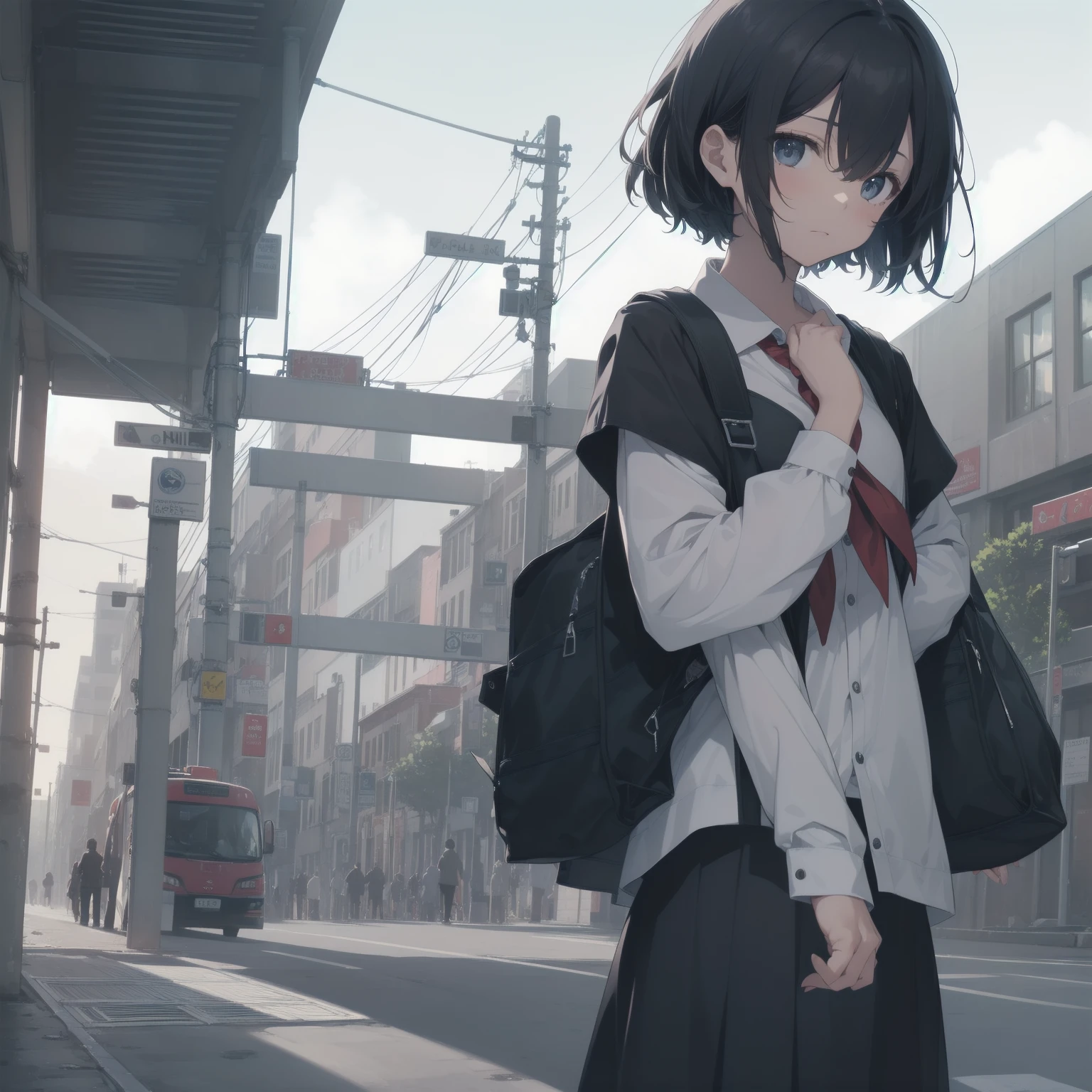 ultra-absurdres-Top quality by artist God, ultra-detailed, high resolution, anime moe artstyle, best anime 8k konachan wallpaper, pixiv contest winner, pool:2810, perfect anatomy,break, 1girl, (Please draw a girl walking sleepily to school alone. )break,(Solo,little female, 13-year-old:1.3),Full limbs, complete fingers,a junior high school student, (very short hair), short cut, flat chest, , small butt, small black eyes, beautiful detailed eyes, well-proportioned iris and pupils, expressive eyes, highres detailed hair, soft expression, salor school_uniform, sailor collar, serahuku, bow, pleated skirt,(Detailed Lighting), (Detailed background), in the School commute route. break,super detailed skin, Best cinematic lighting powered by famous artist, 8k,beauty illustration,photoshop_(medium),very aesthetic,break,((artist:wa_(genryusui) )), artist:clamp ,artist:carnelian ,artist:kantoku ,