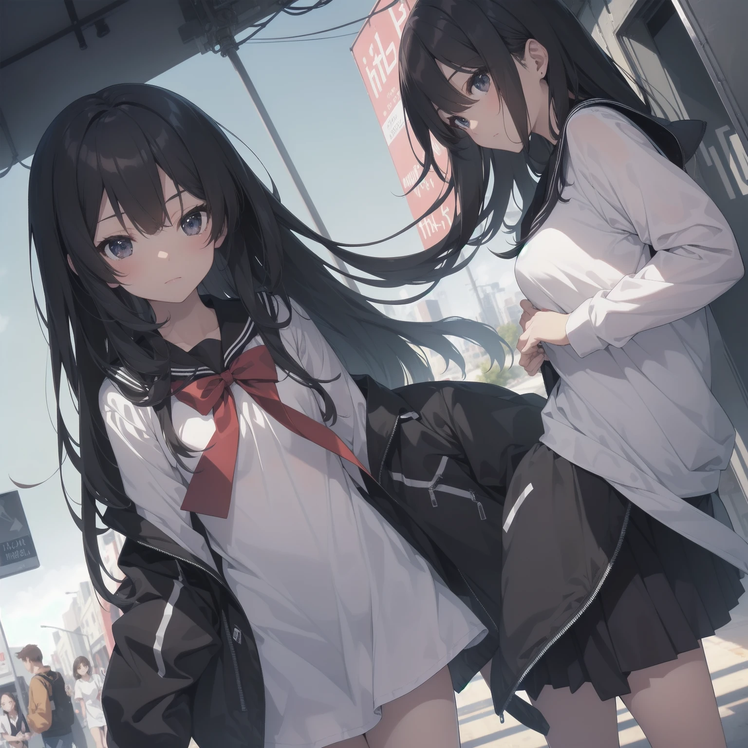 ultra-absurdres-Top quality by artist God, ultra-detailed, high resolution, anime moe artstyle, best anime 8k konachan wallpaper, pixiv contest winner, pool:2810, perfect anatomy,break, 1girl, (Please draw a girl walking sleepily to school alone. )break,(Solo,little female, 13-year-old:1.3),Full limbs, complete fingers,a junior high school student, (very short hair), short cut, flat chest, , small butt, small black eyes, beautiful detailed eyes, well-proportioned iris and pupils, expressive eyes, highres detailed hair, soft expression, salor school_uniform, sailor collar, serahuku, bow, pleated skirt,(Detailed Lighting), (Detailed background), in the School commute route. break,super detailed skin, Best cinematic lighting powered by famous artist, 8k,beauty illustration,photoshop_(medium),very aesthetic,break,((artist:wa_(genryusui) )), artist:clamp ,artist:carnelian ,artist:kantoku ,