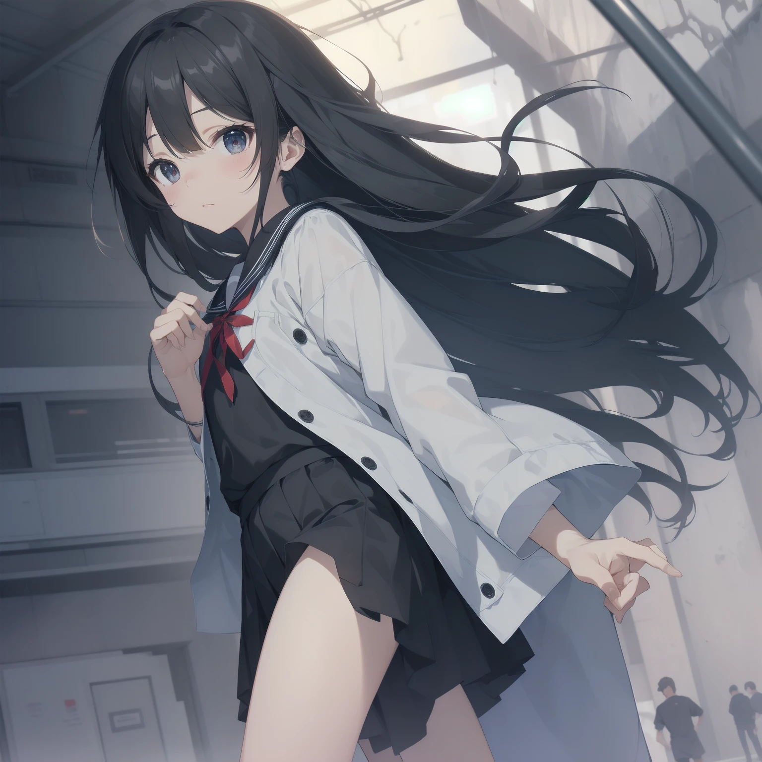 ultra-absurdres-Top quality by artist God, ultra-detailed, high resolution, anime moe artstyle, best anime 8k konachan wallpaper, pixiv contest winner, pool:2810, perfect anatomy,break, 1girl, (Please draw a girl walking sleepily to school alone. )break,(Solo,little female, 13-year-old:1.3),Full limbs, complete fingers,a junior high school student, (very short hair), short cut, flat chest, , small butt, small black eyes, beautiful detailed eyes, well-proportioned iris and pupils, expressive eyes, highres detailed hair, soft expression, salor school_uniform, sailor collar, serahuku, bow, pleated skirt,(Detailed Lighting), (Detailed background), in the School commute route. break,super detailed skin, Best cinematic lighting powered by famous artist, 8k,beauty illustration,photoshop_(medium),very aesthetic,break,((artist:wa_(genryusui) )), artist:clamp ,artist:carnelian ,artist:kantoku ,