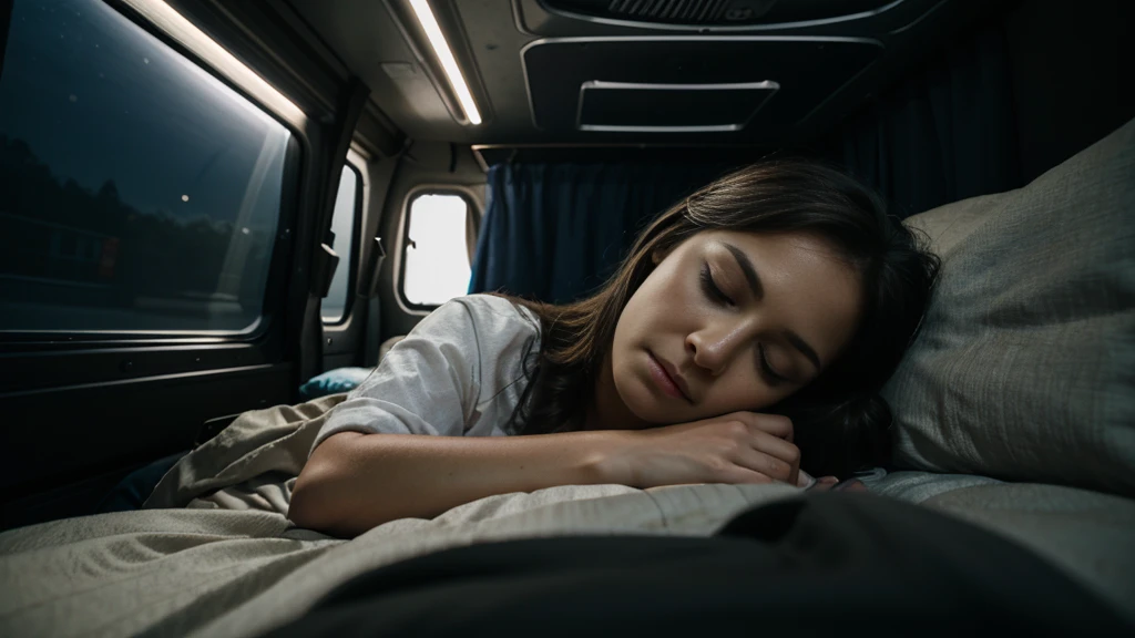 photorealistic portrayal of a woman with women nightgownsbred sleeping inside a van, emphasizing her relaxed sleeping. Dark screen. Use a 70mm lens perspective to focus on the details of her sleeping within the van