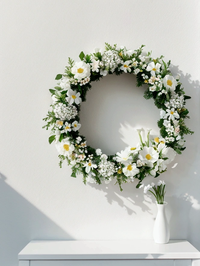 White background,a wreath, Made of flowers, Perfect minimalist composition, , elegant composition, Beautiful composition 3-d 4k, Background still life photo