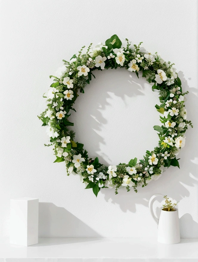White background,a wreath, Made of flowers, Perfect minimalist composition, , elegant composition, Beautiful composition 3-d 4k, Background still life photo