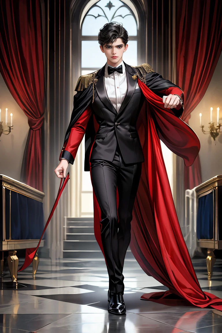 masterpiece, 最high quality, high quality, 1 boy, alone, Male focus, Watching the audience, Messy black hair, Adorable big blue eyes, White people, Noble, Noble,Sexy voluminous black and red cape、Tuxedo、A very voluminous, large, very large, very large, long, long red and black cape with a high stand-up collar, reaching down to the floor, made of a lot of fabric., 17 years old,Cute beautiful boys,Cute, cute, kind, handsome guy