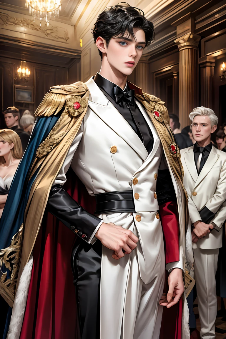 
masterpiece, 最high quality, high quality, 1 boy, alone, Male focus, Watching the audience,  Messy black hair, Adorable big blue eyes, White people, Noble, Noble,Sexy voluminous black and red cape、Tuxedo、A very voluminous, large, very large, very large, long, long red and black cape with a high stand-up collar, reaching down to the floor, made of a lot of fabric., 17 years old,Cute beautiful boys,Cute, cute, kind, handsome guy