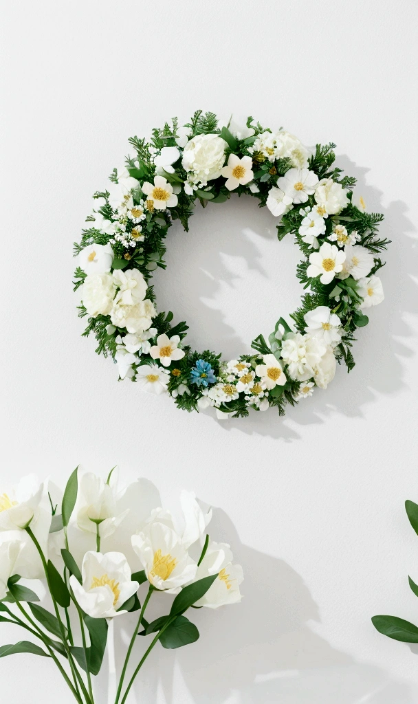 White background,a wreath, Made of flowers, Perfect minimalist composition, , elegant composition, Beautiful composition 3-d 4k, Background still life photo