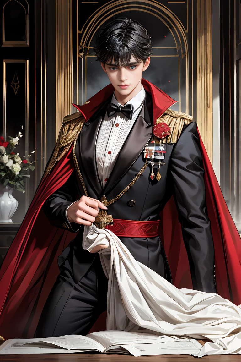 masterpiece, 最high quality, high quality, 1 boy, alone, Male focus, Watching the audience, Messy black hair, Adorable big blue eyes, White people, Noble, Noble,Sexy voluminous black and red cape、Tuxedo、A very voluminous, large, very large, very large, long, long red and black cape with a high stand-up collar, reaching down to the floor, made of a lot of fabric., ,Cute beautiful boys,Cute, cute, kind, handsome guy