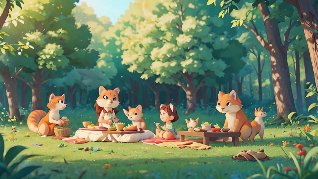 Cute one , Sarah and A group of forest animals having a picnic ,pixar style, best quality, stills,