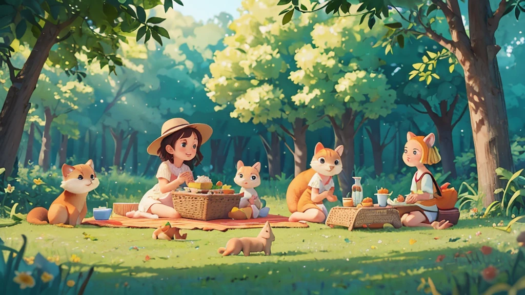 Cute one  , Sarah and A group of forest animals having a picnic ,pixar style, best quality, stills,