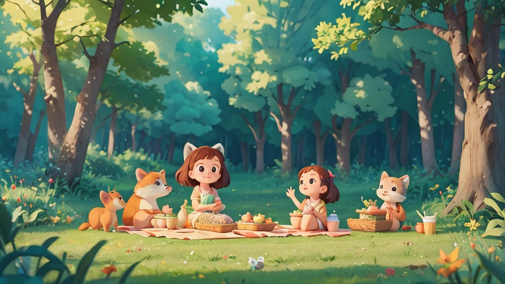 Cute one , Sarah and A group of forest animals having a picnic ,pixar style, best quality, stills,