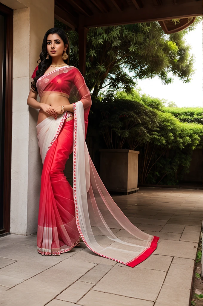  girl in red translucent saree with white heels 