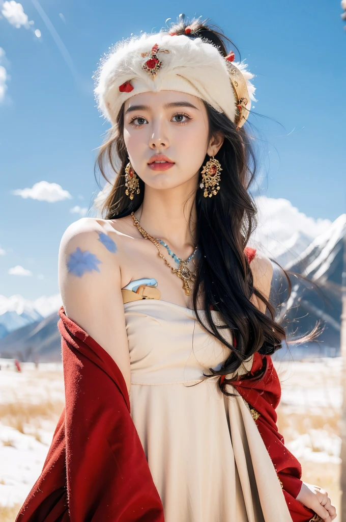 (masterpiece, best quality:1.2),strapless red bra,1 Tibetan girl, blue sky, cloud, cloudy sky, day, earrings,Plush hat, horizon,Tibetan Earrings,jewelry,necklace, lips,snow mountain, outdoors, parted lips, red lips, solo,flat chest,close-up of face