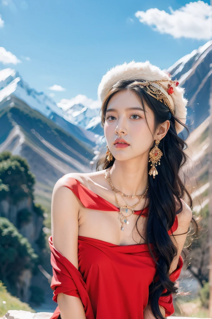 (masterpiece, best quality:1.2),strapless red bra,1 Tibetan girl, blue sky, cloud, cloudy sky, day, earrings,Plush hat, horizon,Tibetan Earrings,jewelry,necklace, lips,snow mountain, outdoors, parted lips, red lips, solo,flat chest,close-up of face