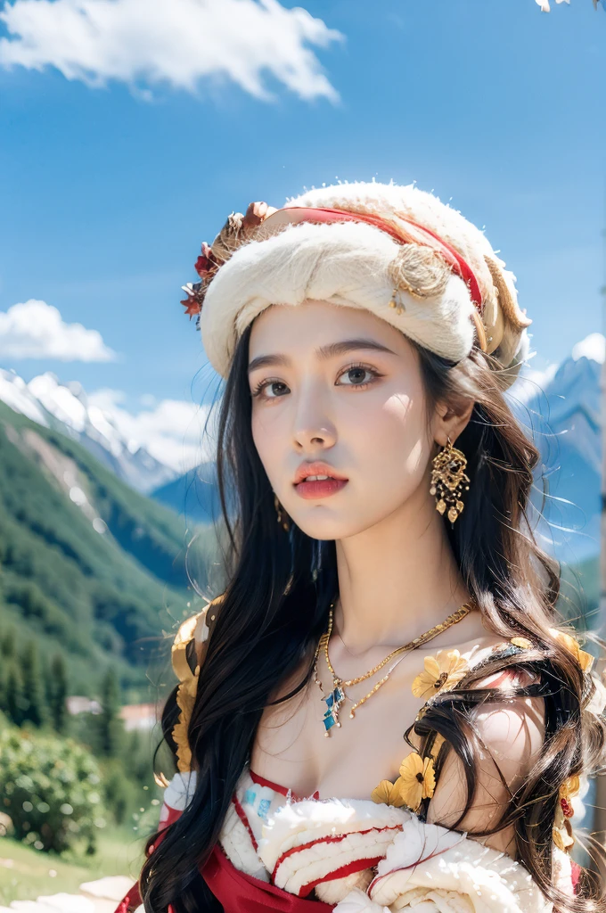 (masterpiece, best quality:1.2),strapless red bra,1 Tibetan girl, blue sky, cloud, cloudy sky, day, earrings,Plush hat, horizon,Tibetan Earrings,jewelry,necklace, lips,snow mountain, outdoors, parted lips, red lips, solo,flat chest,close-up of face