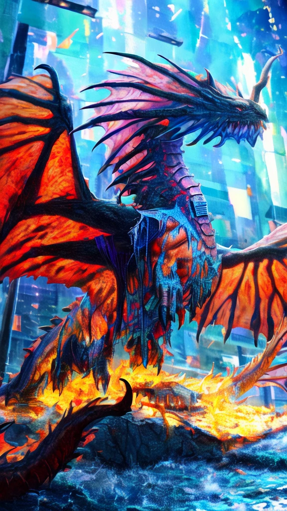 a beautiful girl with long brown hair, torn clothes, tattered clothes, screaming in terror, standing on a street corner, highly detailed, 8k, award winning, masterpiece, best quality, transformation, magma dragon, dragon, intricate details, photorealistic, cinematic lighting, volumetric lighting, depth of field, beautiful face, striking pose, dynamic composition, vivid colors, warm tones