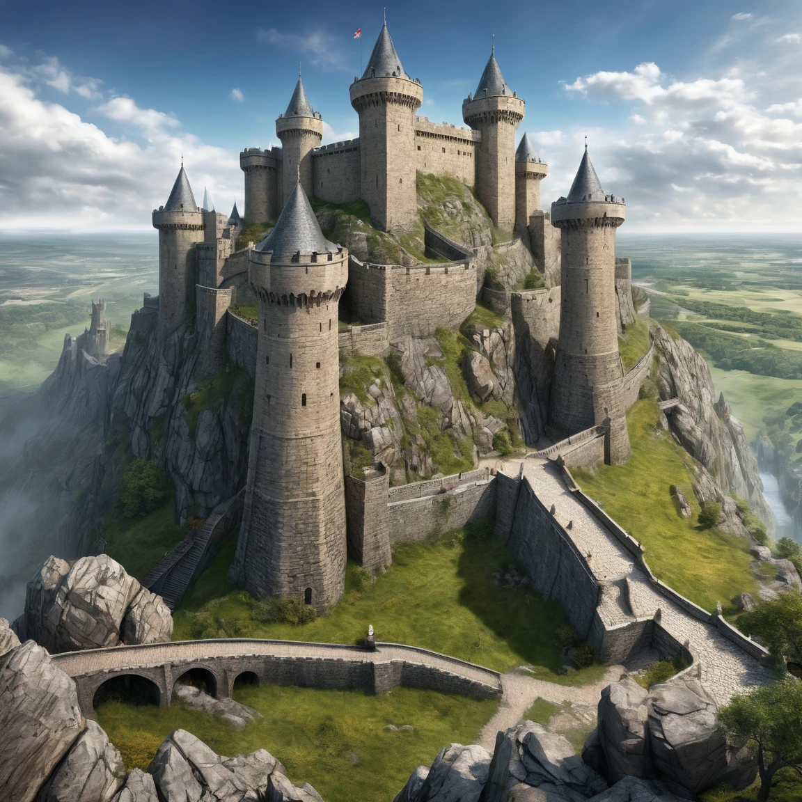 (best quality)), ((masterpiece)), ((realistic,digital art)), (super detailed), gigantesque forteresse en gneiss occupant toute la vue, very important fortifications, (gigantic, very slender towers), (medieval fantasy style), view from the ground