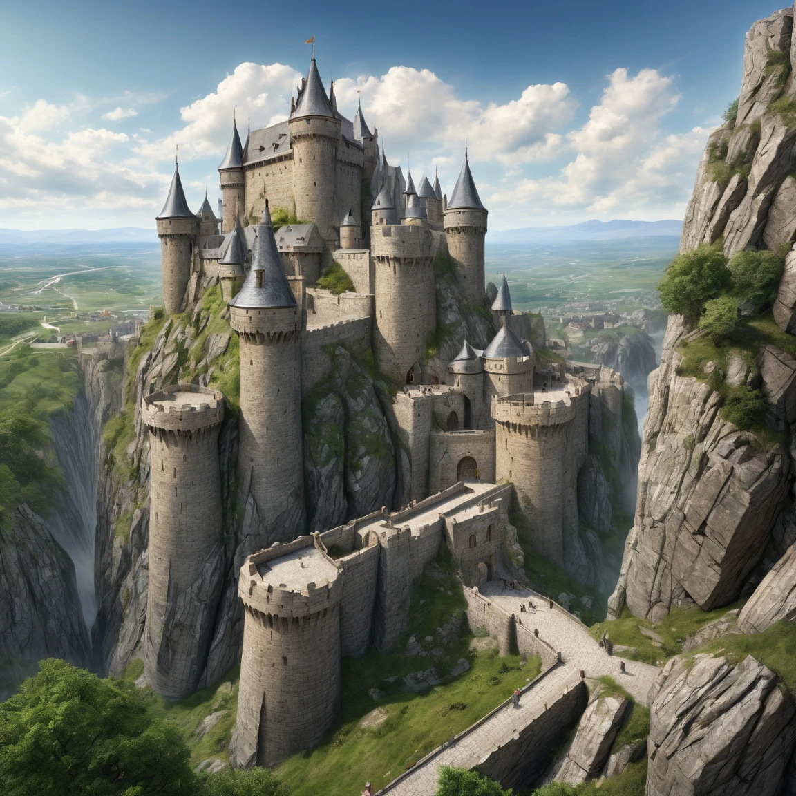 (best quality)), ((masterpiece)), ((realistic,digital art)), (super detailed), gigantesque forteresse en gneiss occupant toute la vue, very important fortifications, (gigantic, very slender towers), (medieval fantasy style), view from the ground