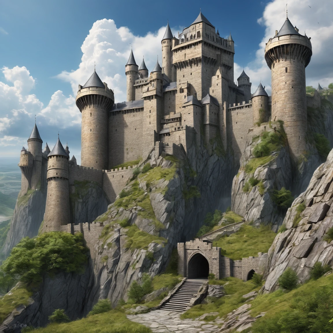 (best quality)), ((masterpiece)), ((realistic,digital art)), (super detailed), gigantesque forteresse en gneiss occupant toute la vue, very important fortifications, (gigantic, very slender towers), (medieval fantasy style), view from the ground
