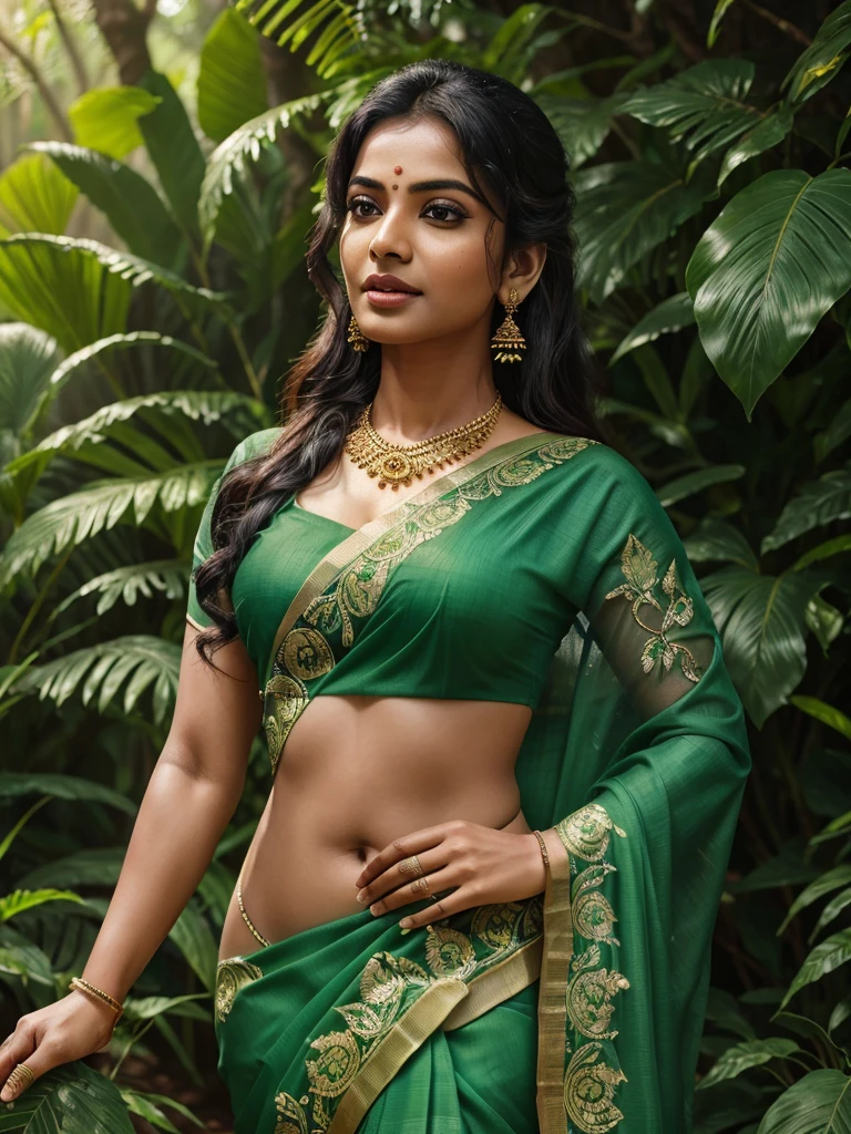 a tamil nadu aunty, beautiful detailed eyes, beautiful detailed lips, extremely detailed face and skin, green saree, flowing saree, beautiful ornate jewelry, outdoor forest scene, lush green foliage, sunlight filtering through trees, serene nature atmosphere, photorealistic, 8k, highly detailed, masterpiece, cinematic lighting