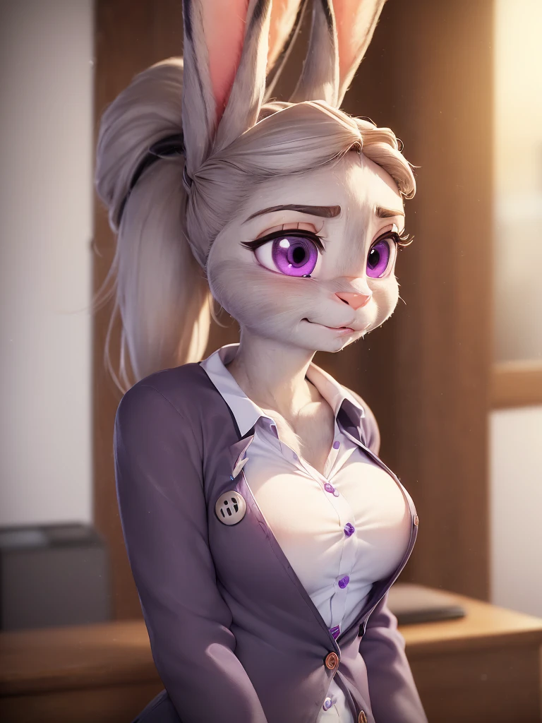 best quality,
masterpiece,
3D anime,
(((solo))),
(((1girl))),
(((Face is JudyHopps))),
(long ears like a rabbit:0.8),
Heir is in a ((ponytail)) style,
see-through bangs,
wispy bangs,
((Her eyes color is purple)),
6.5 head and body,
White blouse outfit,
office lady,
no jacket,
 (((white blouse unbuttoned, all buttons are off))),
(((All buttons are off))),
(((All buttons are off))),
Navel exposed,
(outfit is made of wool:1.4),
(((body is made of wool fabric))),
(((body is gray with fluffy and fluffy))),
(((skin is wool fabric with fluffy and fluffy))),
((She is blushing in the cheeks)),
((clavicle is emphasized)),
((looks like crying)),