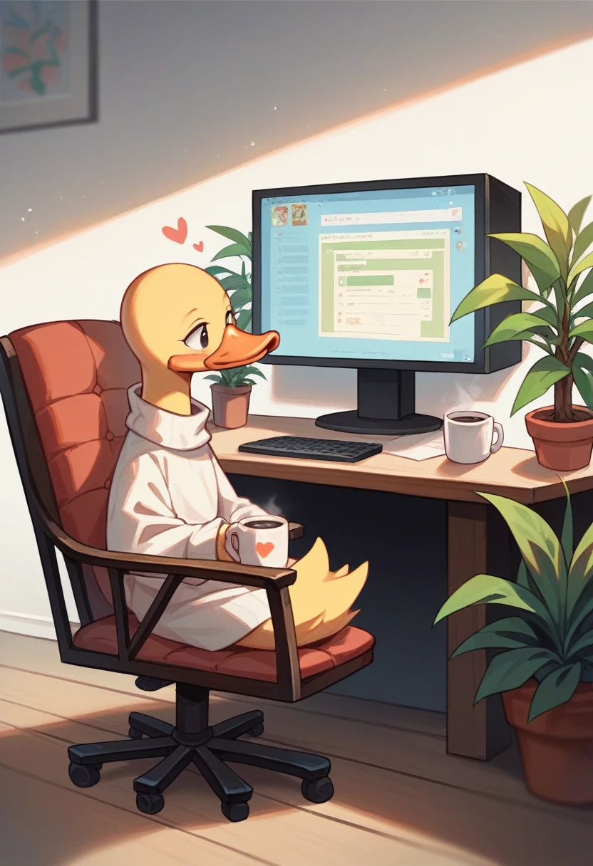 SD Main, Flat Illustration,
masterpiece, Highest quality,,No humans, Mug, plant, Golden Duck, cup, Chair, heart, potted plant, White Background, coffee Mug, Sitting, alone, I am doing FX., monitor