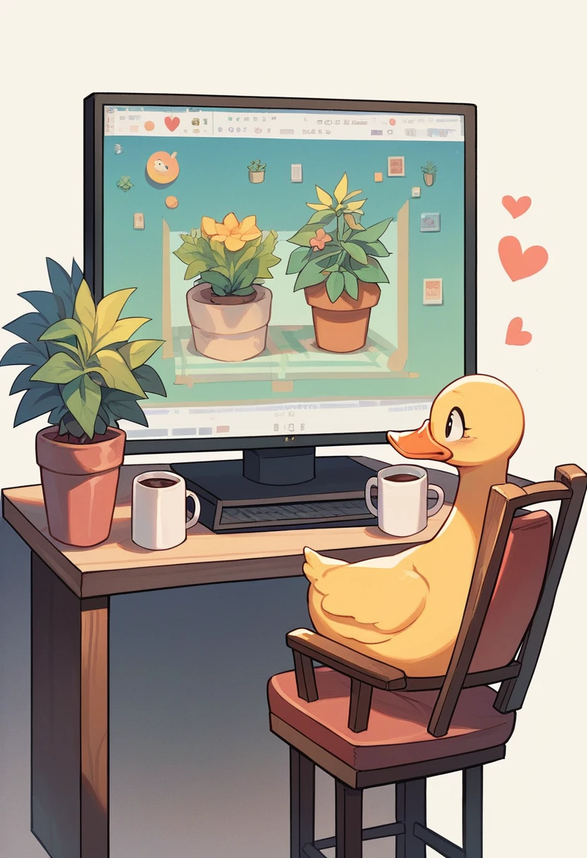 SD Main, Flat Illustration, masterpiece, Highest quality,,No humans, Mug, plant, Golden Duck, cup, Chair, heart, potted plant, White Background, coffee Mug, Sitting, alone, I am doing FX., monitor