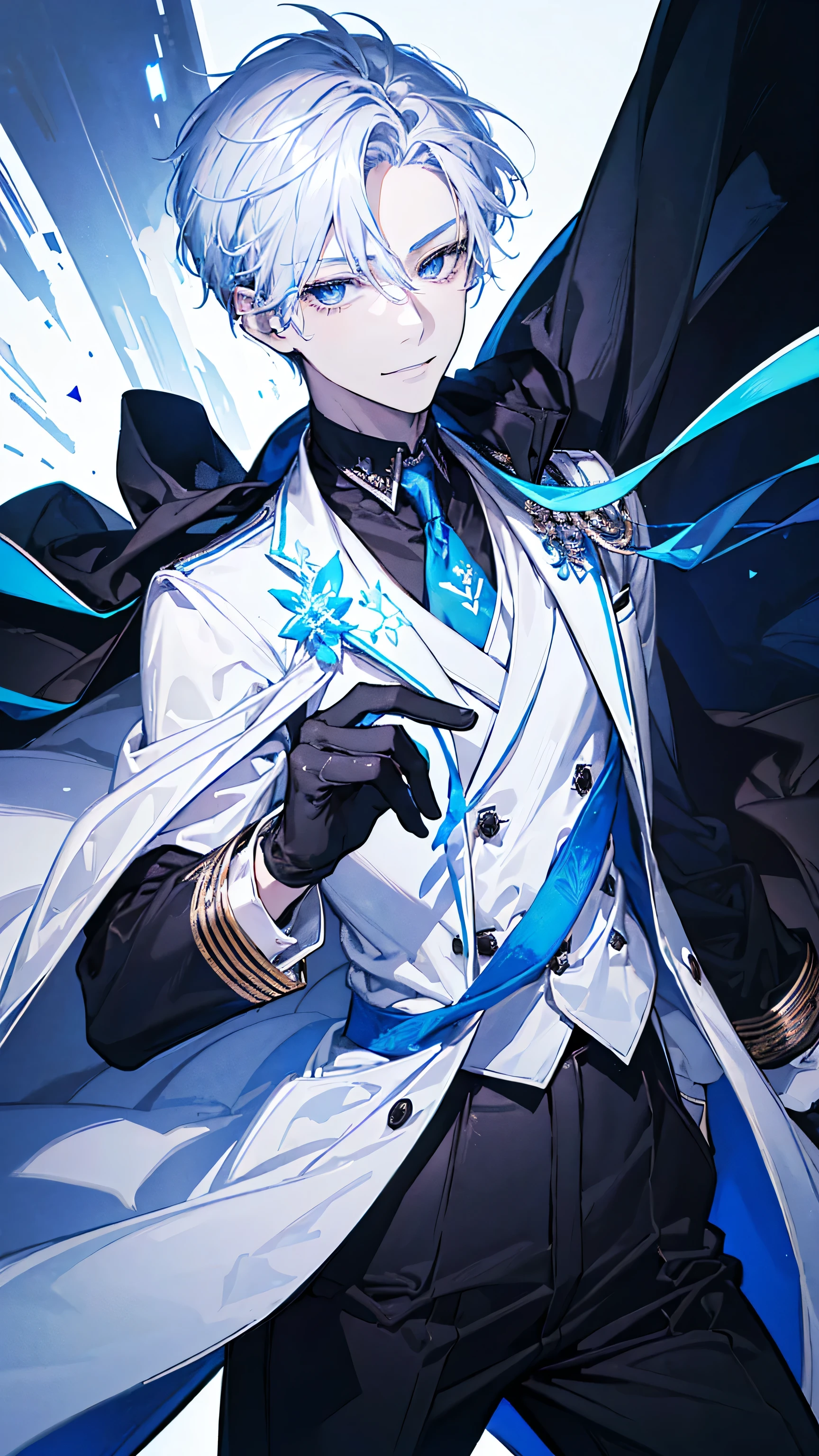 1young man,solo, male photo,confident smile, silver hair, ((short hair)), (short sideburns),light blue eyes, slant eyes,anatomically correct,blue ribbon tie,((black gloves)),((white cloak)),black suit,beautiful japanese style background,best quality, high quality,masterpiece, 8K