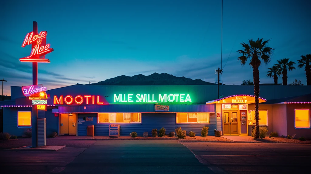 A vintage motel scene at dusk in Las Vegas, with a brightly lit neon sign reading 'Blue Swallow Motel'. The sign glows in vibrant colors, including blue, pink, and green, against the darkening sky. A classic car is parked in front of the motel, and the surroundings feature retro architecture and dimly lit streets, capturing the nostalgic atmosphere of old Las Vegas.