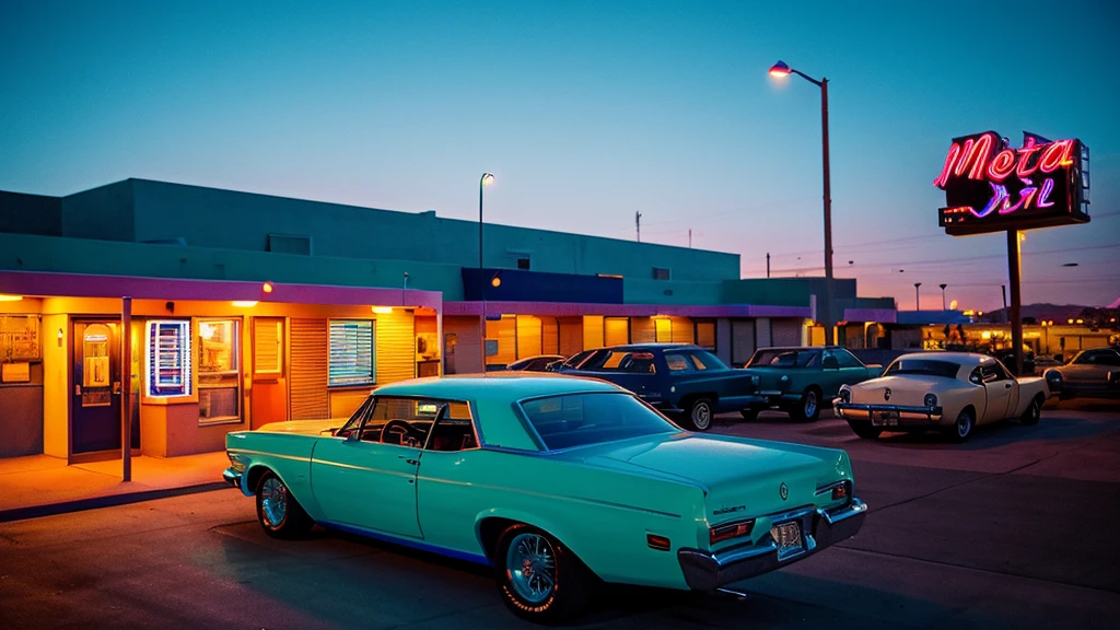 A vintage motel scene at dusk in Las Vegas, with a brightly lit neon sign reading 'Blue Swallow Motel'. The sign glows in vibrant colors, including blue, pink, and green, against the darkening sky. A classic car is parked in front of the motel, and the surroundings feature retro architecture and dimly lit streets, capturing the nostalgic atmosphere of old Las Vegas.