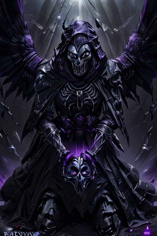 ((playing with a raven:1.4)).((dynamic:1.3)).skeleton with purple lights in eye sockets.(realistic illustration:1.3),((dark fantasy:1.4)).((male:1.4)) ((black skull face:1.4)), ((Hooded)) (shadow) ((wraith)) in ((heavy obsidian armor)), tall, imposing, (glowing violet eyes:1.2), (cross pendant:1.3). brandishing black ((great sword)) in purple flames. masterpiece