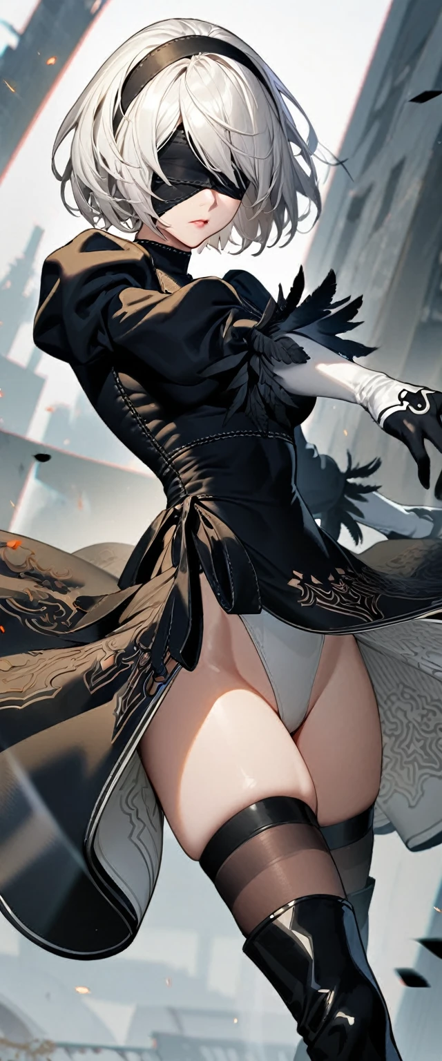 1girl,(2b \(nier:automata\)), solo,black dress,two-sided skirt,open stance, high thigh boots,white gloves,black hands,white hair,blindfold,black hairband,intricate details,perfect anatomy,best quality, 