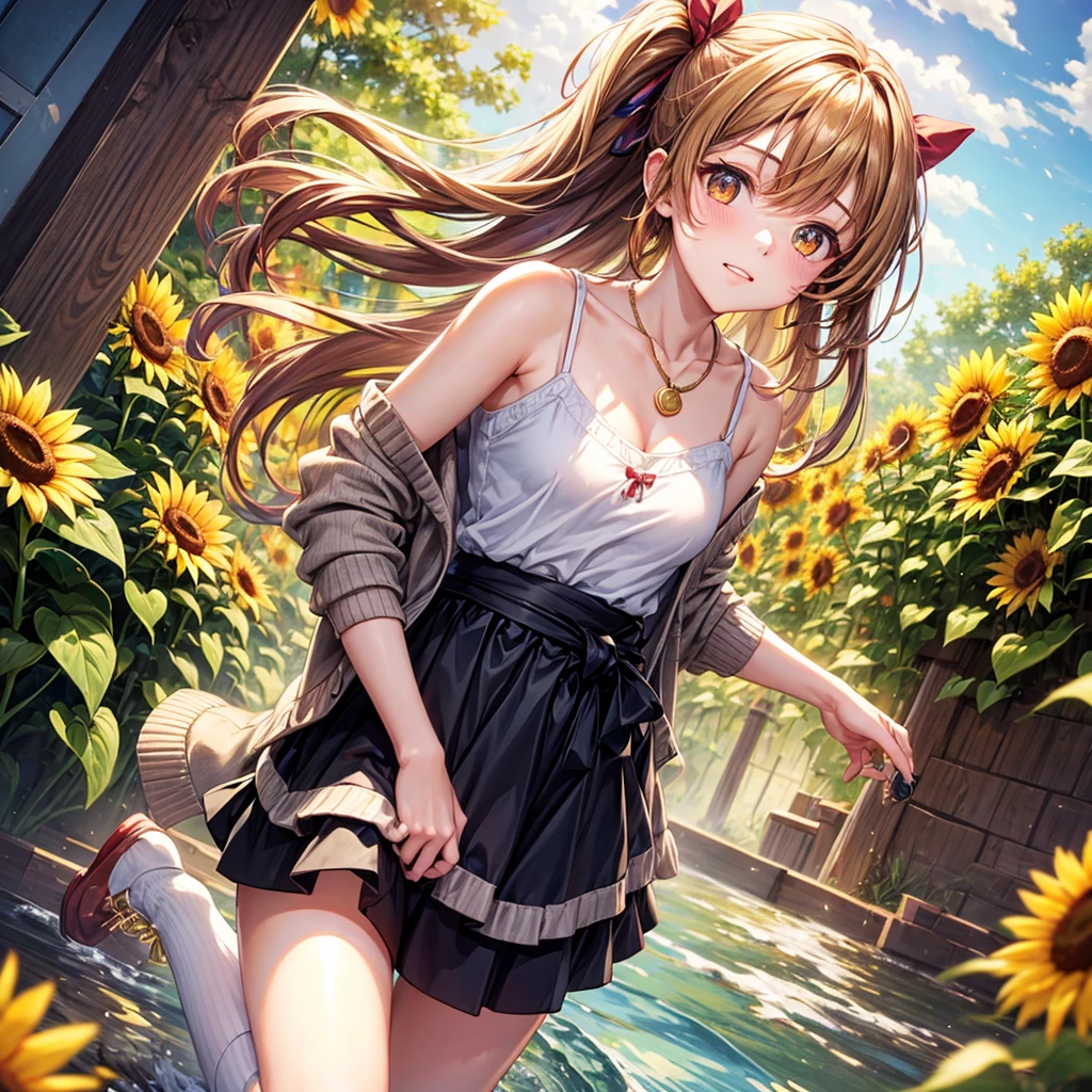 Red, brown, gold, gold hair、Golden Eyes、Hair tied up、One good looking girl、solo、anime、Checkered mini skirt、Ruffles on the skirt、camisole、camisole、Lightweight cardigan、Black knee-high socks、Wearing a baseball cap、Ribbon、Ribbon on waist、Teeth are visible、Sunset sky、Cumulonimbus、Silver coin necklace、shine、From above、Sparks are flying、tunnel、Cobblestones、Hands in pockets、waterfall、Clear Stream、Sunflower field、Have sunflowers、Midnight Moon