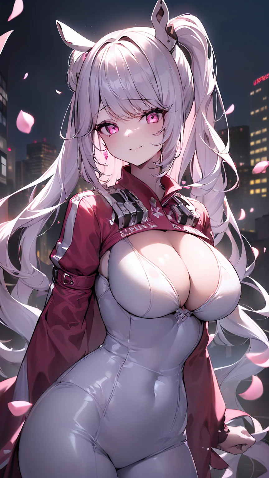 ((((Obra maestra, La mejor calidad, ultrahigh resolution)))), 1girl, standing,), ((long pure pink hair, hair over eye)), long hair cut, shiny skin, ((pink eyes)), glowing_eyes, neon eyes, (ultra detailed eyes:0.7, beautiful and detailed face, detailed eyes:0.9), ((centered)), smirk, facing viewer, ((vibrant background, dark lighting, summer, sunlight)), large chested, looking at viewer, ((half closed eyes)), ((perfect hands)), (((head:1, arms, hips in view, elbows, in view))), ((hands behind back)), empty eyes, beautiful lighting, ((outside, outdoors)), defined subject, head tilt, (((gritty)), ((creepy)), ((cool)), ((beautiful)), (((SFW))), horns, hair ornament, petals in the air, moon in the sky, city, mature woman, adult woman, sfw, pink and white dress, night dress, bunny ears, she is a princess, she looks happy, happy smile, smile, happy