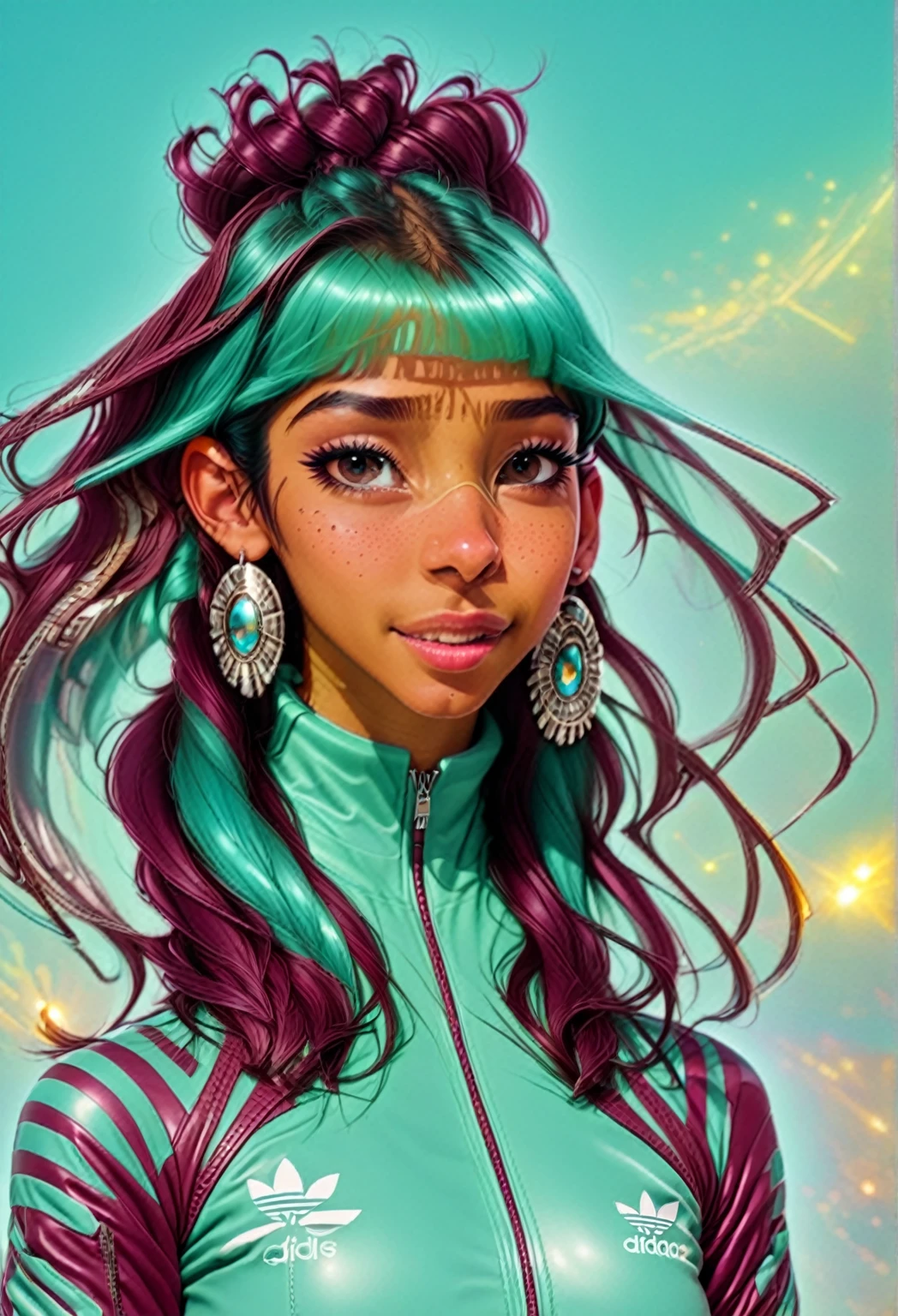 She is in a disco, cute girl, Latina, button nose, age 23, young. ights on her skin cute indian woman with a button nose, age 23, young. ative American-style hair, maybe ponytails. eautiful, 1980s hip hop clothing,. maroon leather jacket with many silver zippers. ippers are angled. nd shinny. ling bling. air, in a 1970s
2077_Style, glowing earings. uturistic tech glasses, MR glasses. n beautiful. he is shown from the waist up. h is looking aways from the camera. ity in the background. he is wearing an Adidas maroon turtle neck, with aqua blue, touquise. hree stripes. didas. osed from the waist up. looking aways from the viewer. freckles smiling with a separate buck teeth.