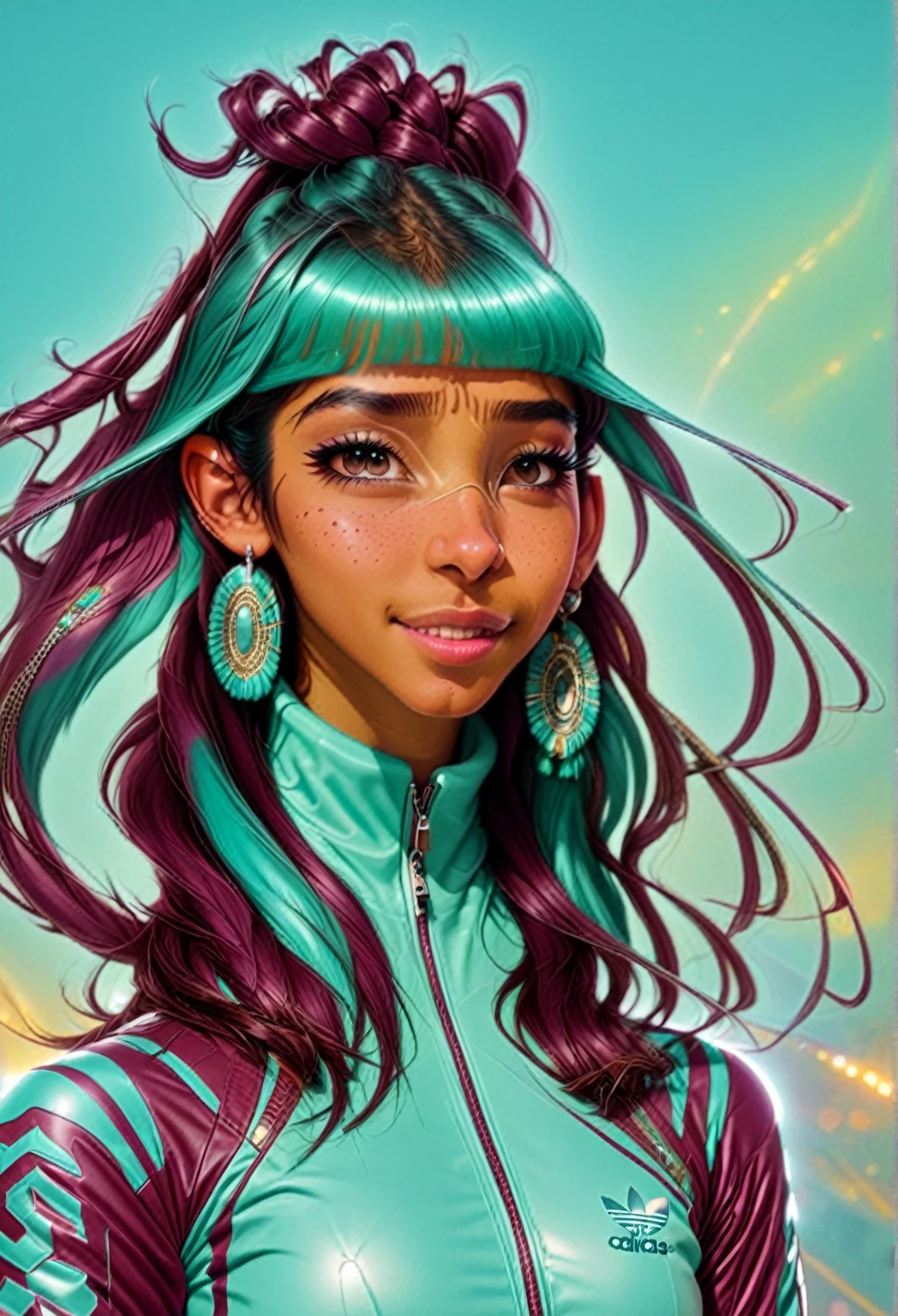 She is in a disco, cute girl, Latina, button nose, age 23, young. ights on her skin cute indian woman with a button nose, age 23, young. ative American-style hair, maybe ponytails. eautiful, 1980s hip hop clothing,. maroon leather jacket with many silver zippers. ippers are angled. nd shinny. ling bling. air, in a 1970s
2077_Style, glowing earings. uturistic tech glasses, MR glasses. n beautiful. he is shown from the waist up. h is looking aways from the camera. ity in the background. he is wearing an Adidas maroon turtle neck, with aqua blue, touquise. hree stripes. didas. osed from the waist up. looking aways from the viewer. freckles smiling with a separate buck teeth.